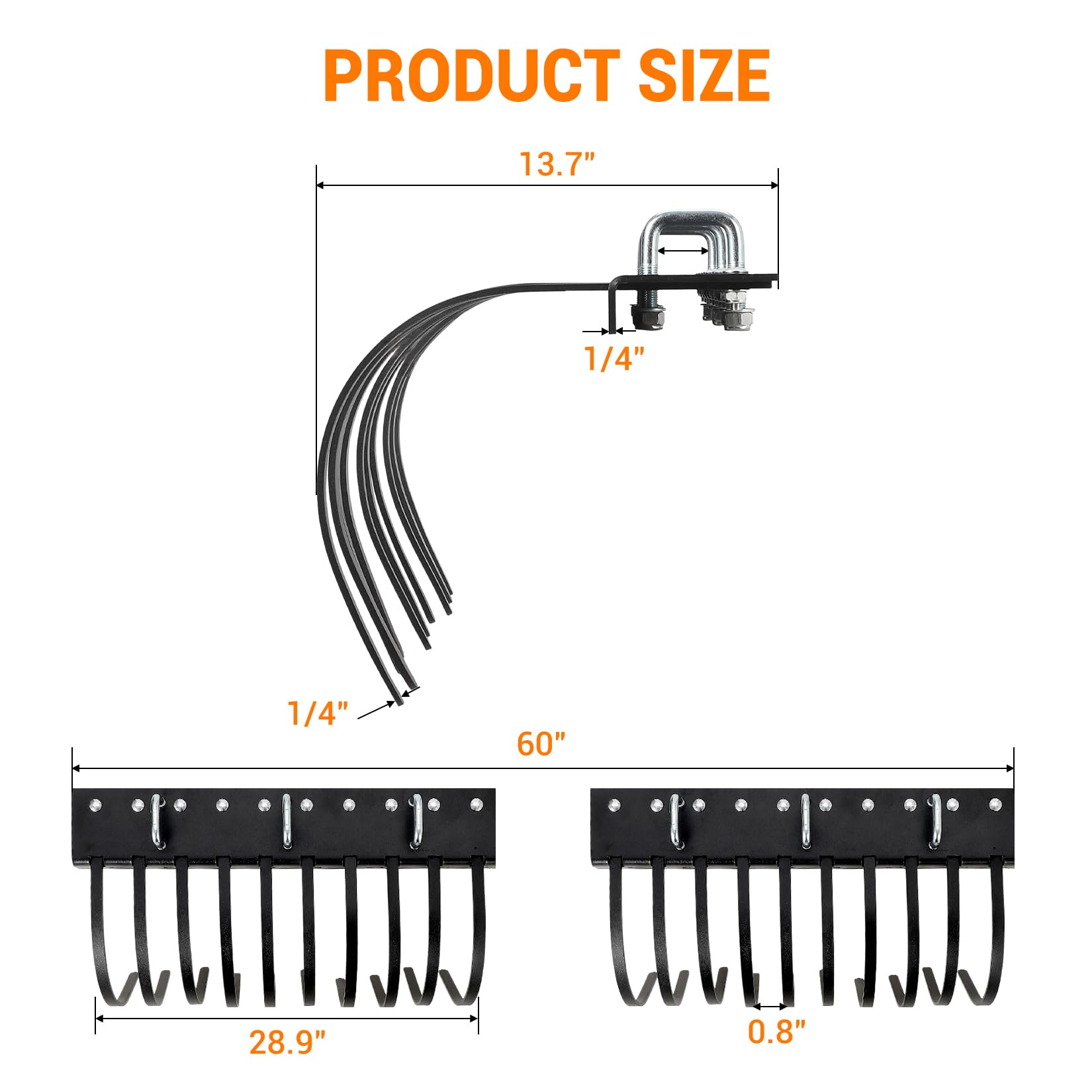 Rastrello da giardino Garvee da 60 pollici per trattore ATV UTV, 20 denti in acciaio, acciaio al carbonio, nero, giardinaggio
