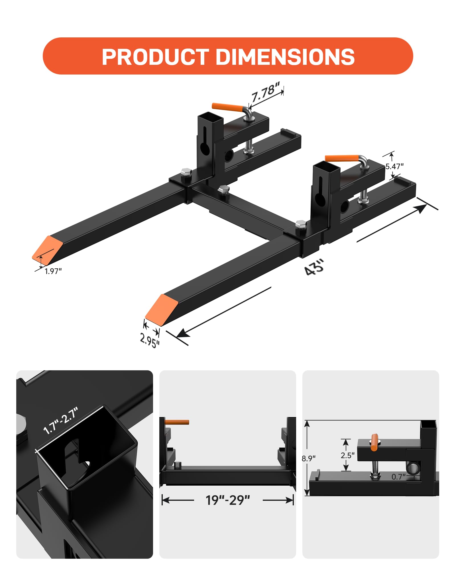 Forche per pallet Garvee da 43" per trattori e minipale, capacità 2000 libbre, sistema di sgancio rapido, barra stabilizzatrice regolabile, acciaio, per impieghi gravosi, agricoltura e edilizia