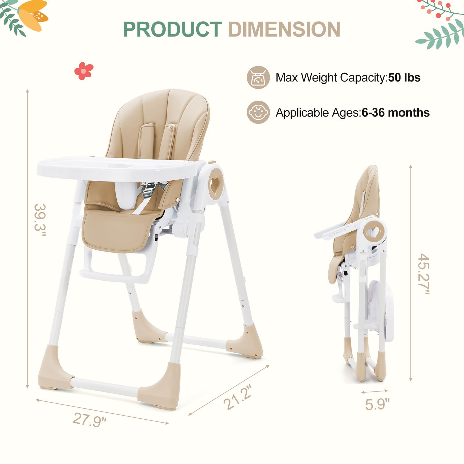 Seggiolone pieghevole Garvee per bambini dai 6 ai 36 mesi, leggero, cintura di sicurezza a 5 punti, vassoio rimovibile, beige, cucine piccole