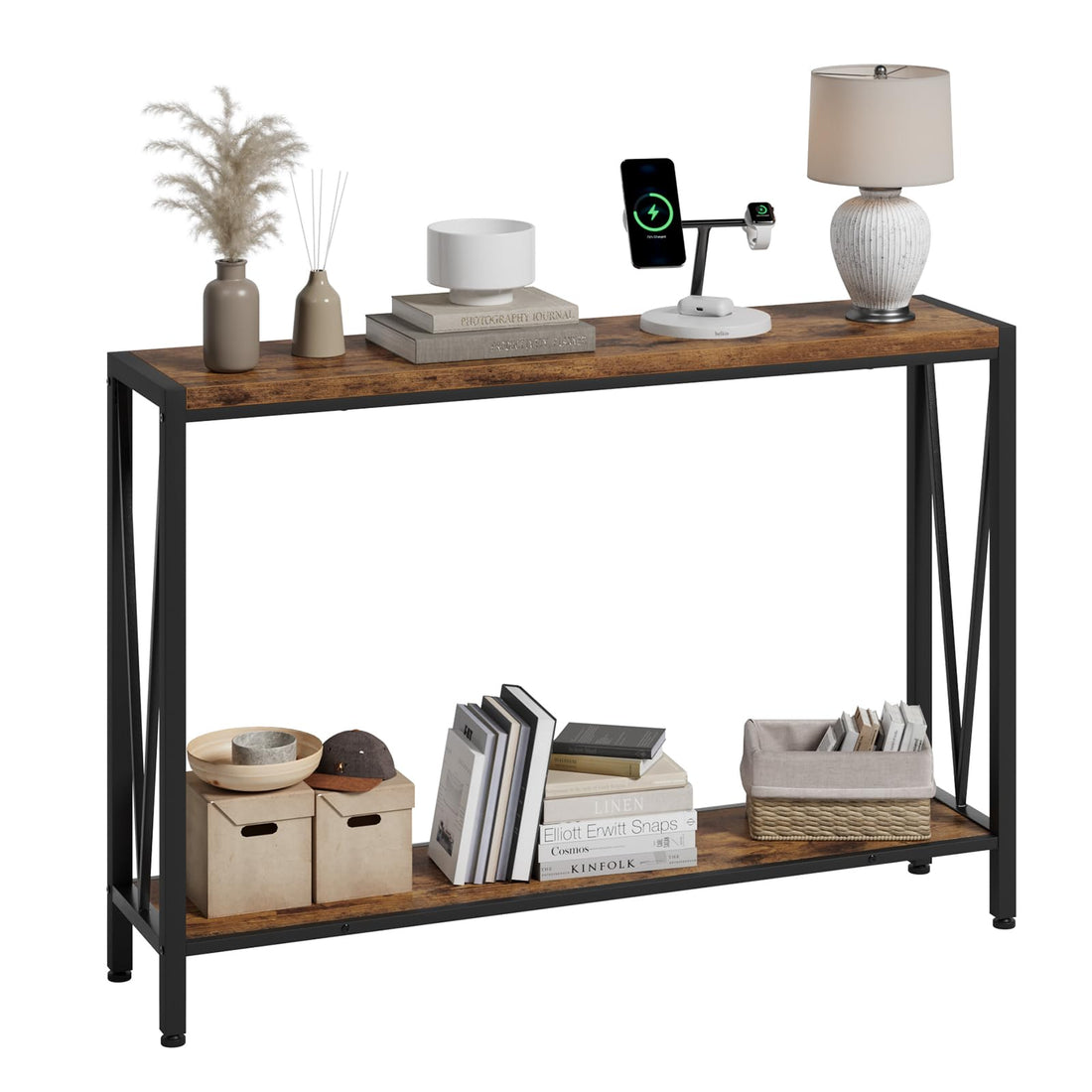 Tavolo consolle rustico Garvee da 42.9" grigio, a 2 livelli, in legno e metallo per soggiorno e corridoio, spazio per archiviazione, robusto