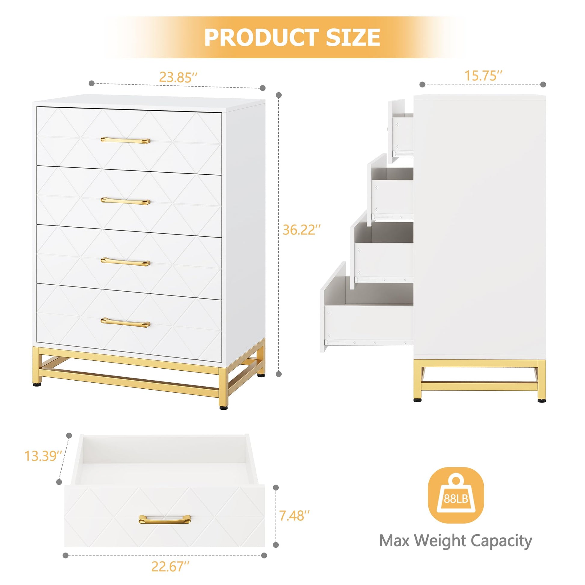Cassettiera Garvee per camera da letto, 4 cassetti, moderna, maniglie in metallo, legno MDF, bianco, robusta, ampio spazio per l'archiviazione, per ufficio o soggiorno