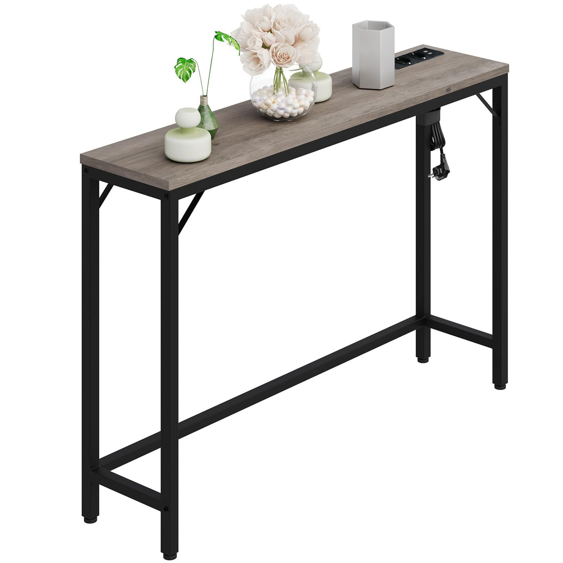GARVEE Tavolo Consolle Stretto con Porta USB, 100x23x80 cm, Legno Vintage, Marrone e Nero, per Ingresso e Soggiorno