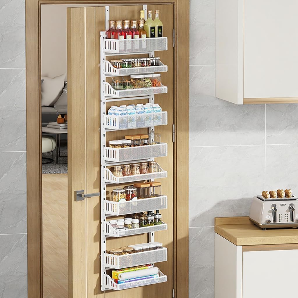 Porta spezie Garvee da appendere alla porta, portaoggetti da appendere alla porta a 10 ripiani, portaoggetti in metallo da appendere alla porta con ganci, organizer da appendere per cucina, dispensa, soggiorno, 41,5 x 13 x 154 cm, bianco