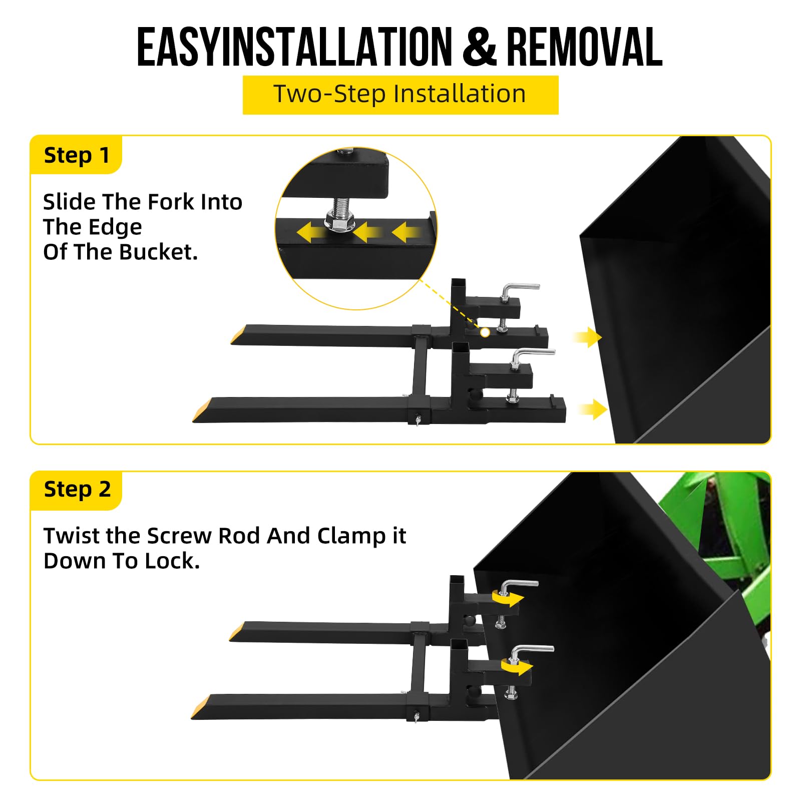 Forche per pallet con morsetto Garvee da 43 pollici e 2500 libbre, resistenti, con barra stabilizzatrice regolabile, per trattori e pale gommate, in acciaio ad alta resistenza, nere