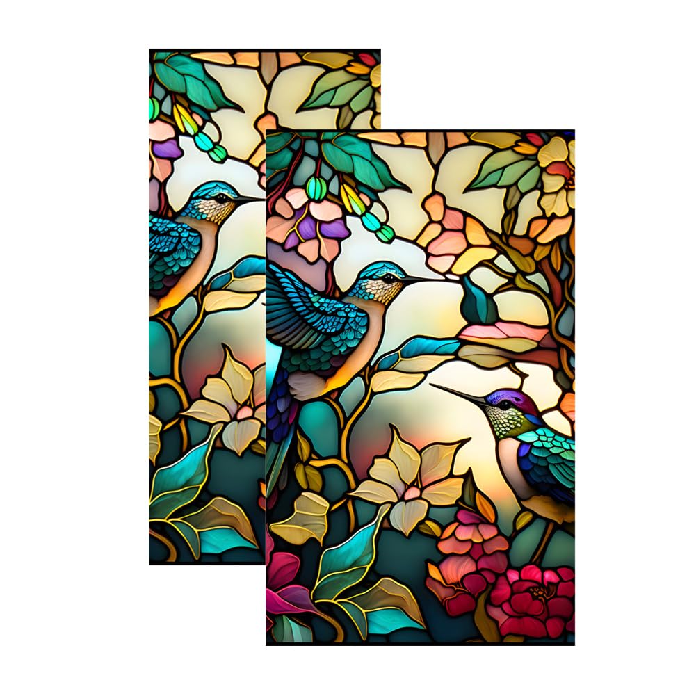 Garvee Pellicola per Finestra Retro PVC Hummingbird Flower, Privacy Non Adhesive, Stained Glass, Vinile Eco-Friendly, 45x100cm, Bagno e Decorazioni