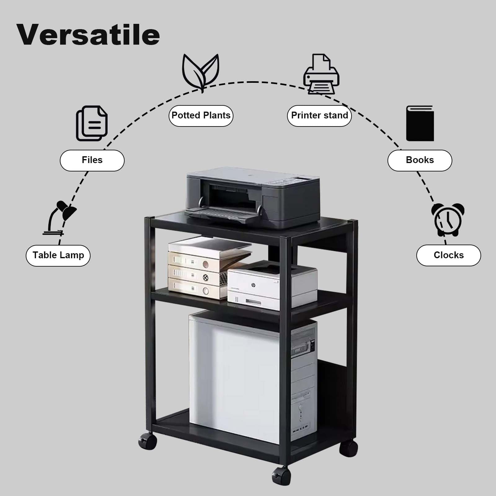 Supporto per PC Garvee a 3 livelli, altezza regolabile, con ruote, metallo, stabile, per ufficio e casa