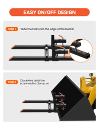 Forche per pallet Garvee da 43" per trattori e minipale, capacità 2000 libbre, sistema di sgancio rapido, barra stabilizzatrice regolabile, acciaio, per impieghi gravosi, agricoltura e edilizia