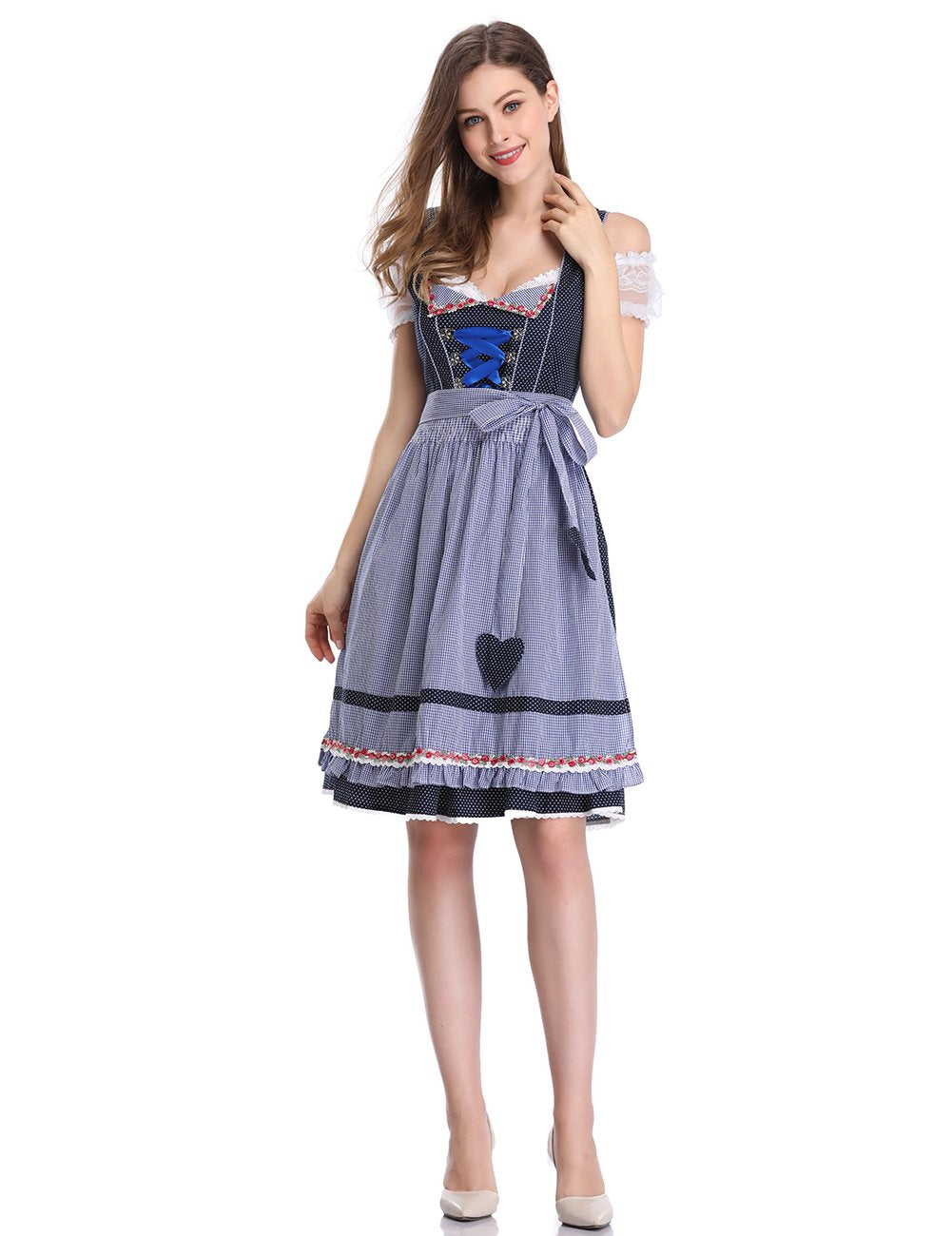 Abito tradizionale Dirndl da donna Garvee, corto con ricami, per l'Oktoberfest, set da tre pezzi, a pois, blu scuro, taglia 34