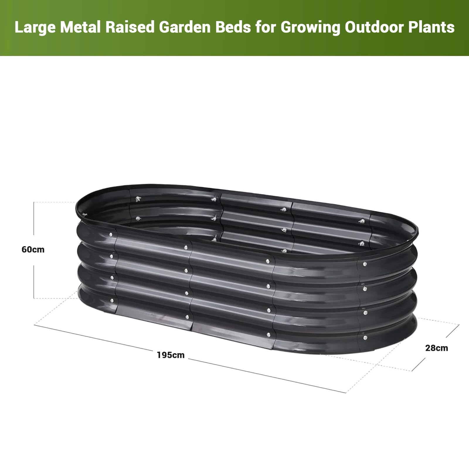 Aiuola rialzata in metallo ovale zincato senza fondo Garvee 195x60x28cm con bordo di sicurezza
