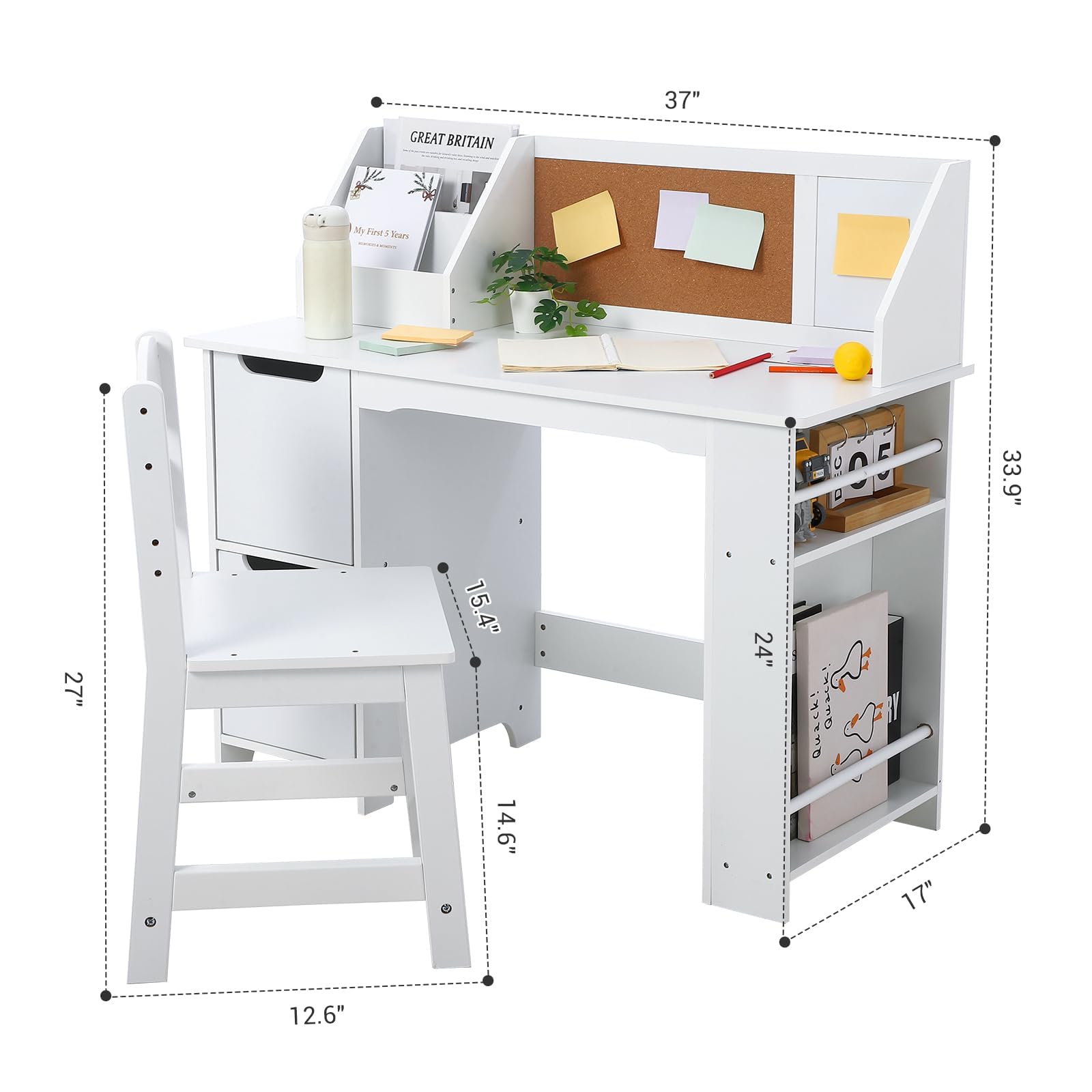 Set da scrivania in legno per bambini Garvee con contenitore, bacheca, sedia ergonomica per casa e scuola, bianco