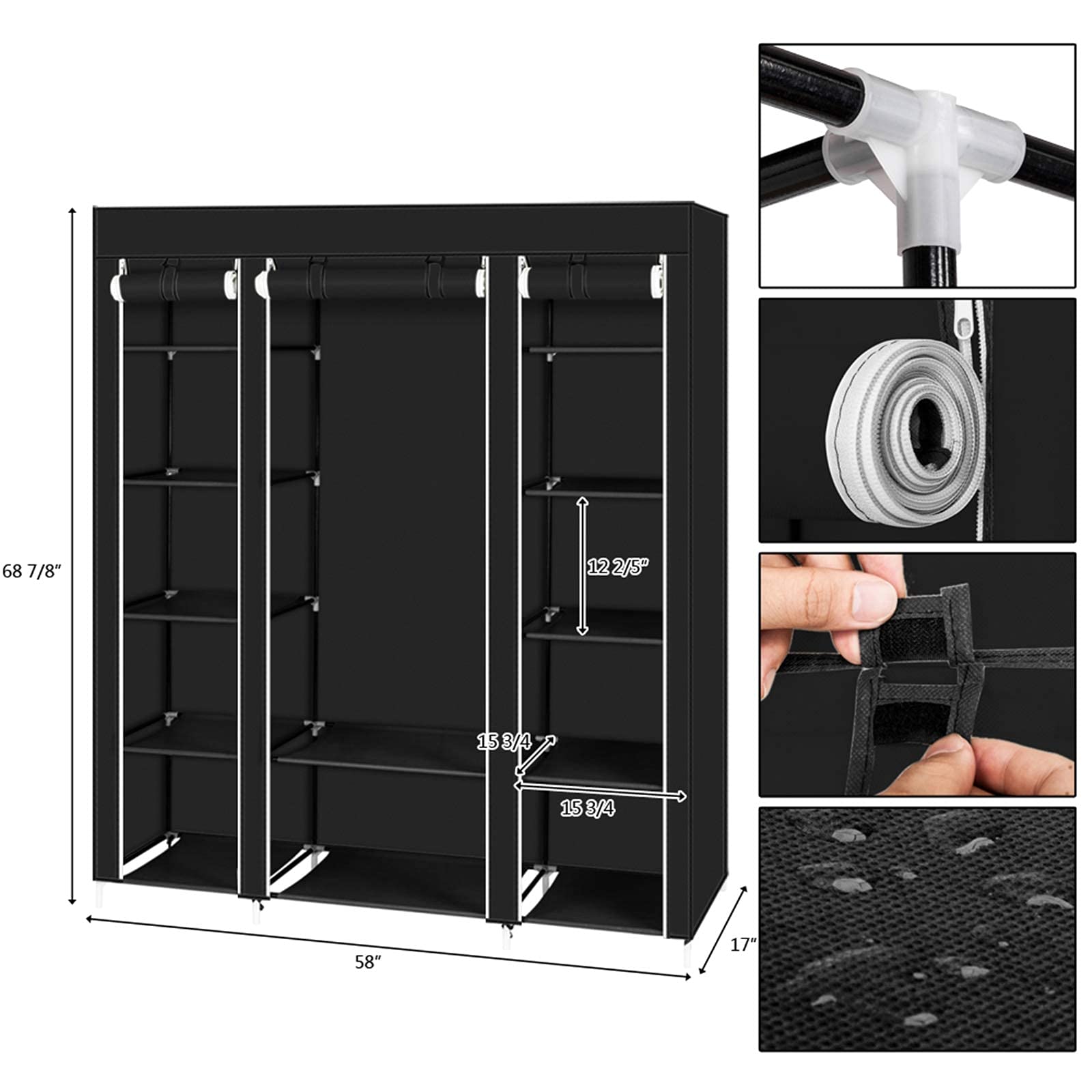 Armadio portatile in tessuto Garvee, pieghevole con coperchio, ganci e divisori per uso domestico, 147x44x174 cm, copertura antipolvere