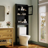 Garvee Mobile Bagno Salvaspazio Sopra WC Con Ripiani Regolabili E Porta In Vetro, MDF Resistente, Nero, Per Piccoli Bagni