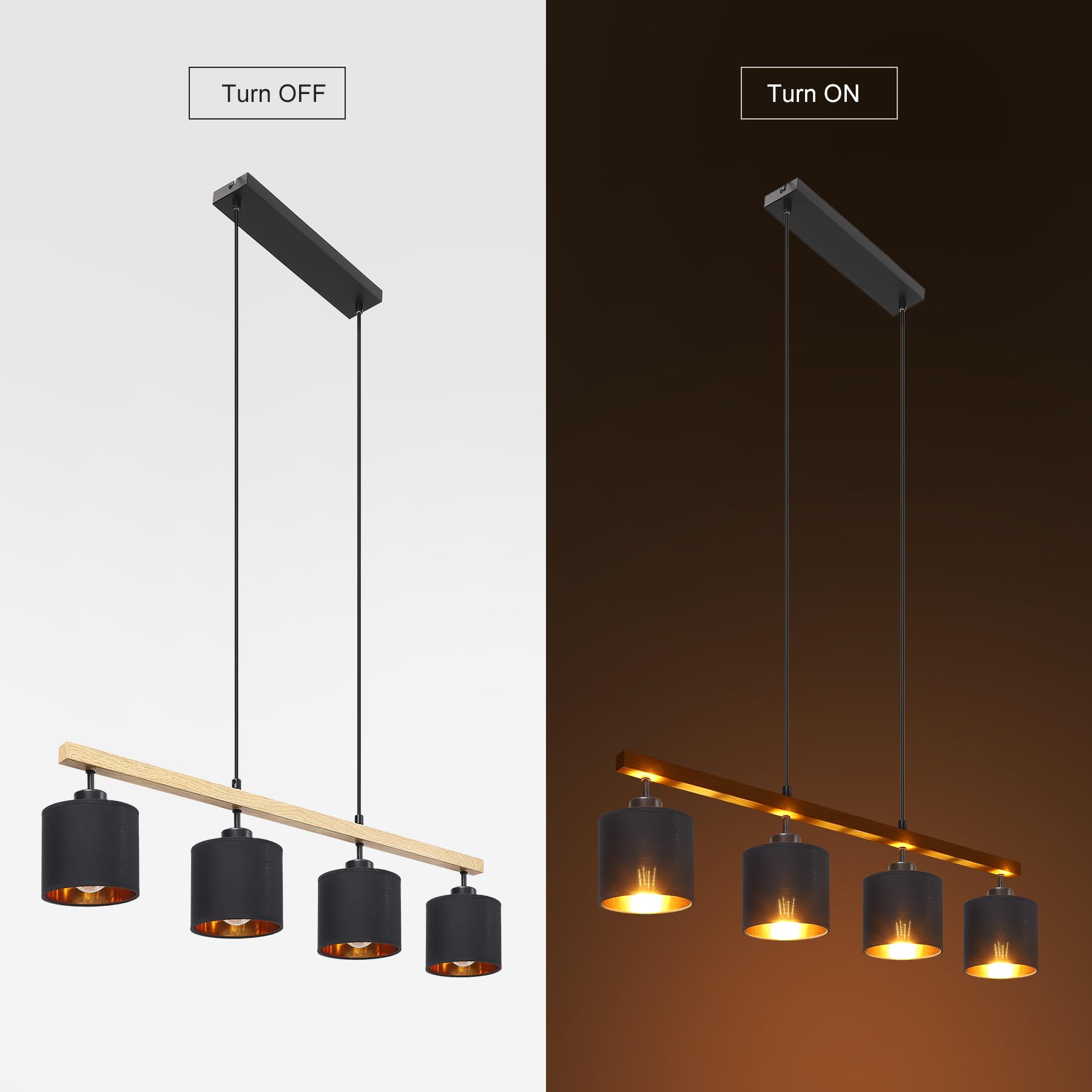 GARVEE Lampadario moderno a 4 luci per sala da pranzo, trave in legno, paralume in tessuto, metallo nero opaco, E27, max 60 W, elegante soggiorno