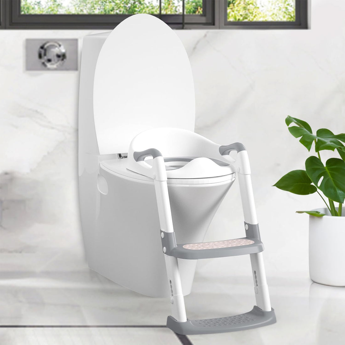 Sedile WC per bambini Garvee con gradini, altezza regolabile, pieghevole, imbottito in PU, antiscivolo, per bambini e bambine, bianco