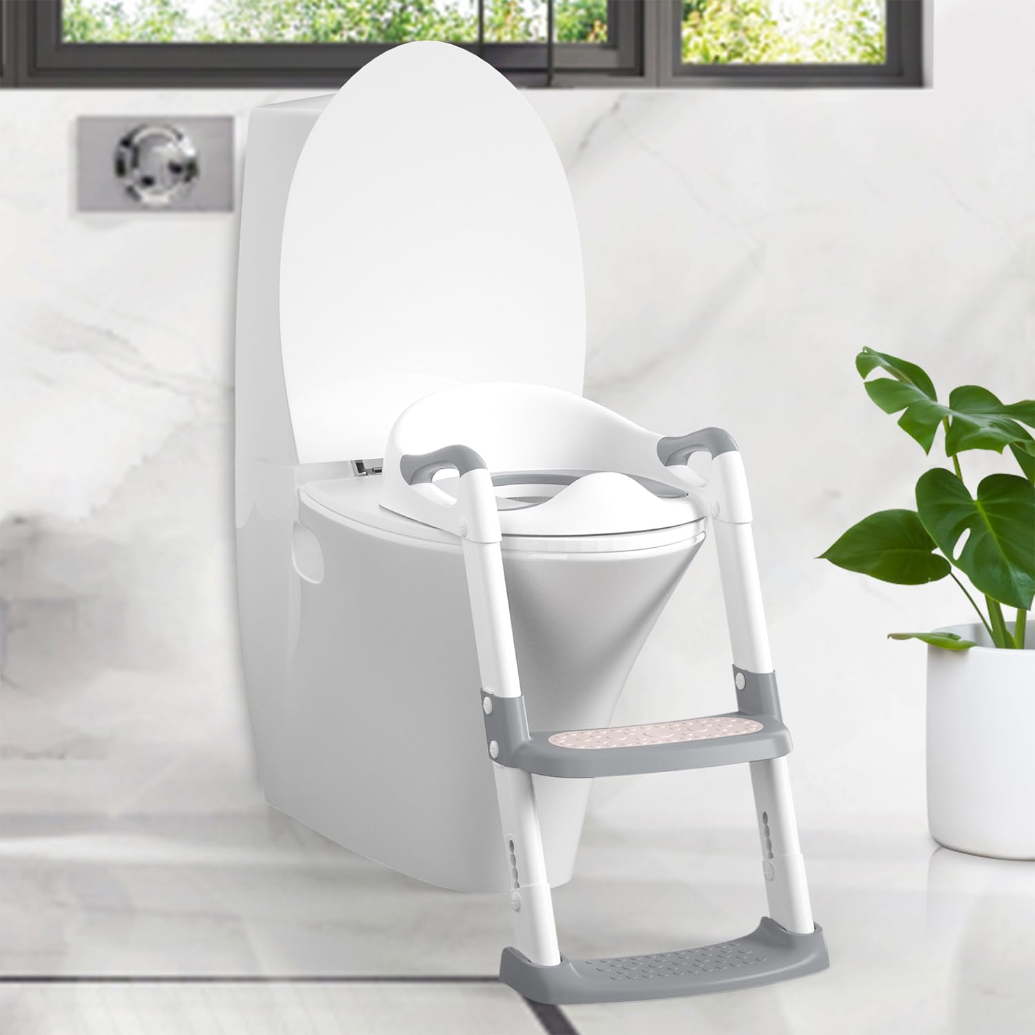 Sedile WC per bambini Garvee con gradini, altezza regolabile, pieghevole, imbottito in PU, antiscivolo, per bambini e bambine, bianco