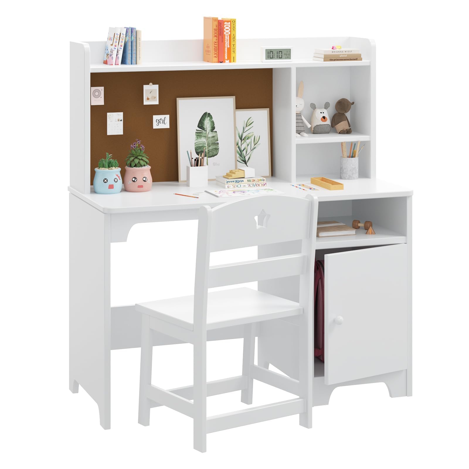 Set da scrivania per bambini Garvee, in legno, bianco, con ripiano e spazio di archiviazione, sedia ergonomica per imparare e giocare