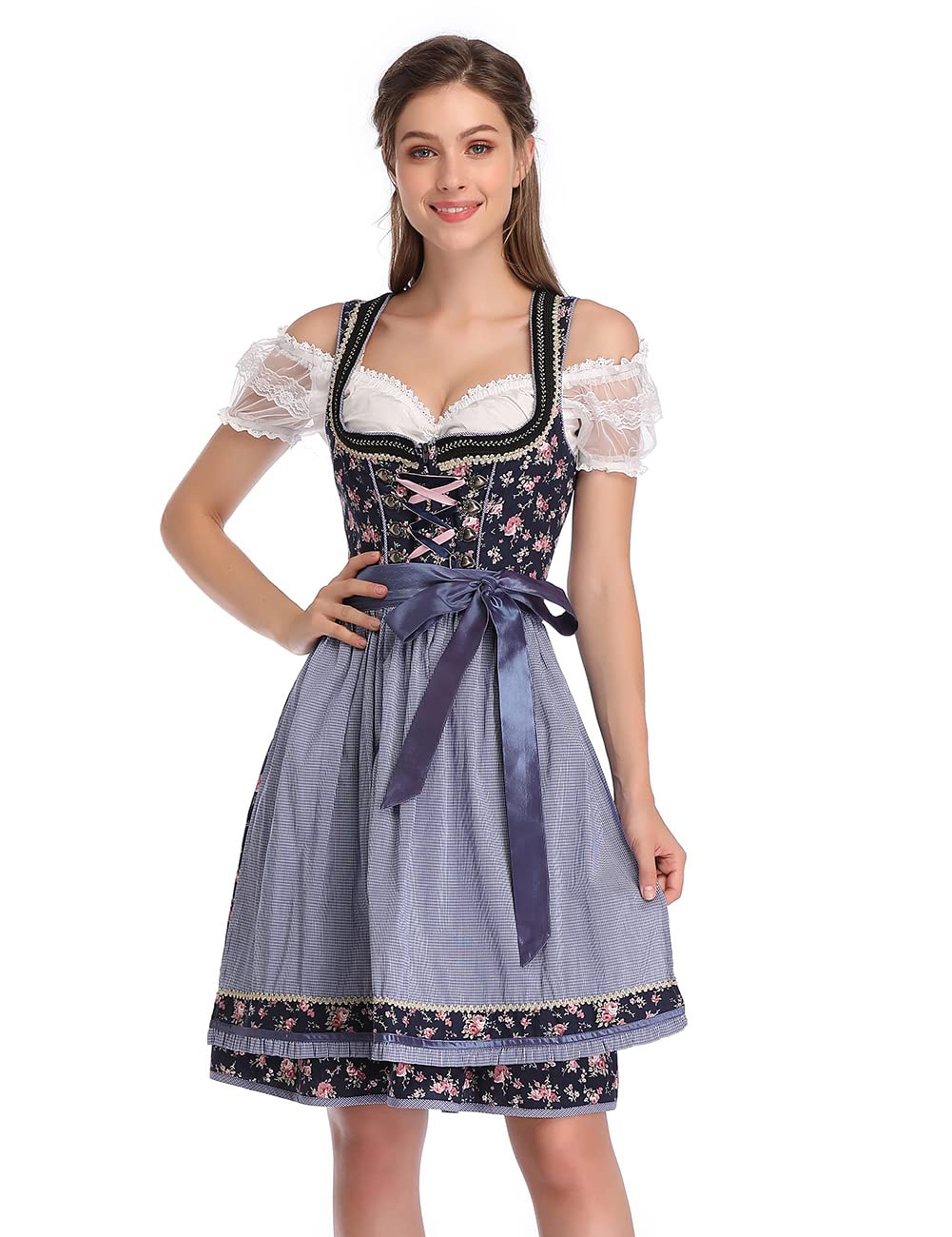 Garvee Abito Dirndl tradizionale da donna, 3 pezzi - Costume bavarese, abito midi, blu navy, taglia 36