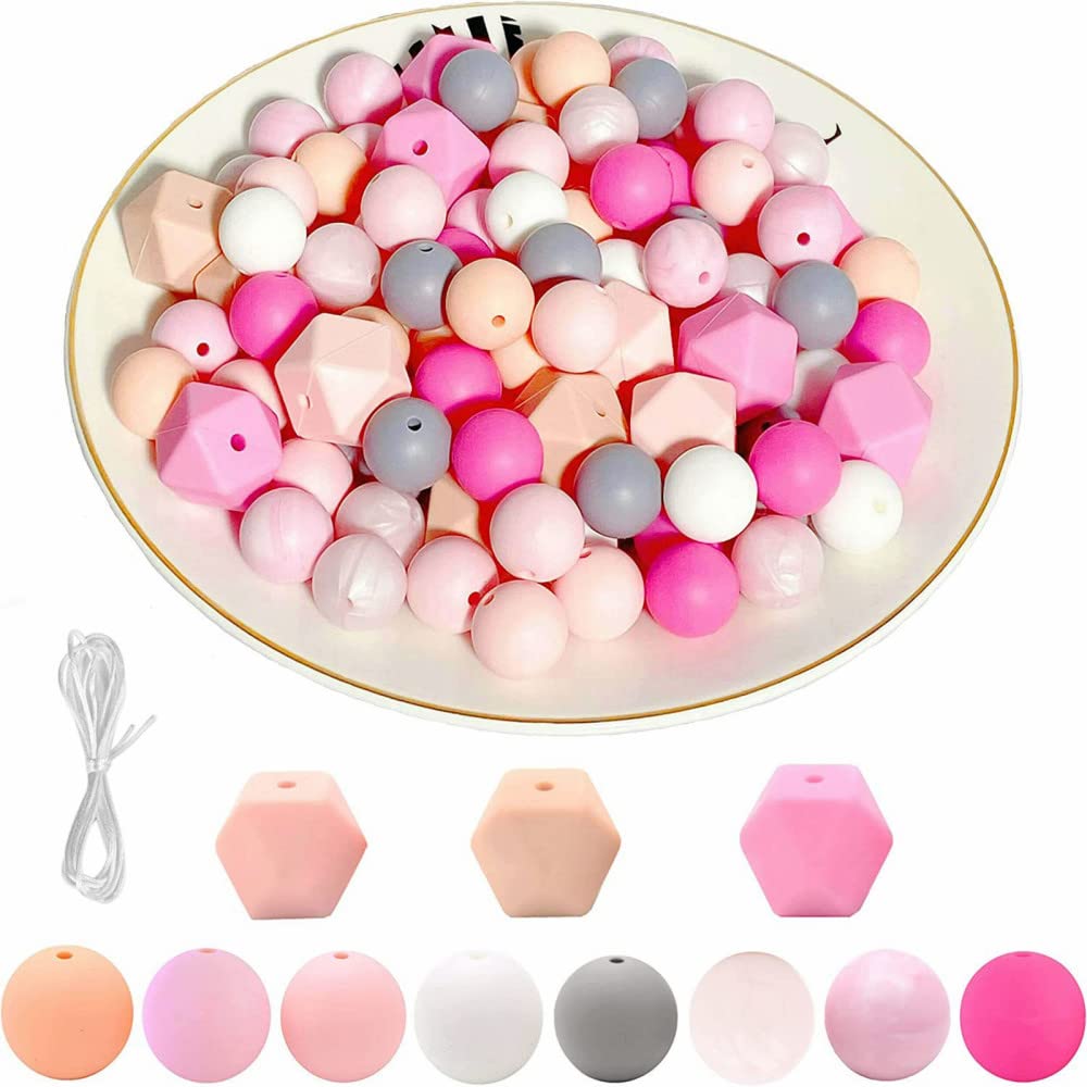 Set di perline in silicone Garvee da 95 pezzi, colori assortiti, con 80 perline rotonde (15 mm) e 15 perline poligonali (17 mm) per gioielli fai da te e portachiavi, con cavo da 2 m