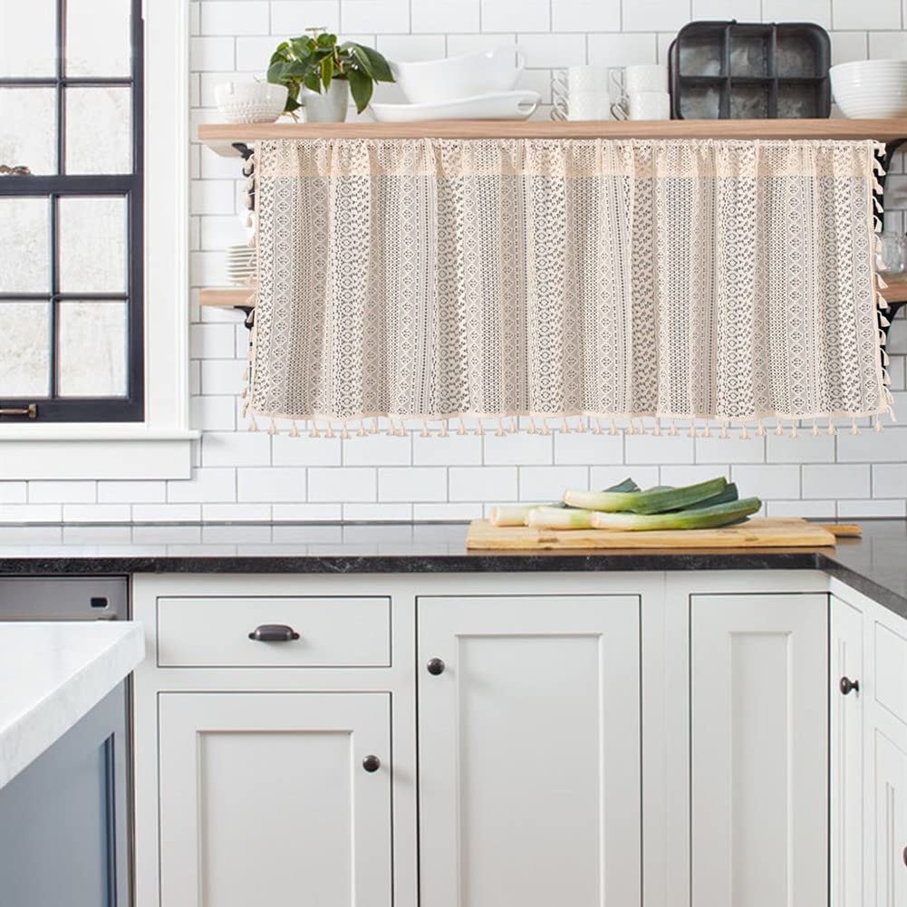 Tende da cucina semitrasparenti Garvee in stile boho per bagno, lavanderia, mobiletto per vino, 150x60 cm, beige