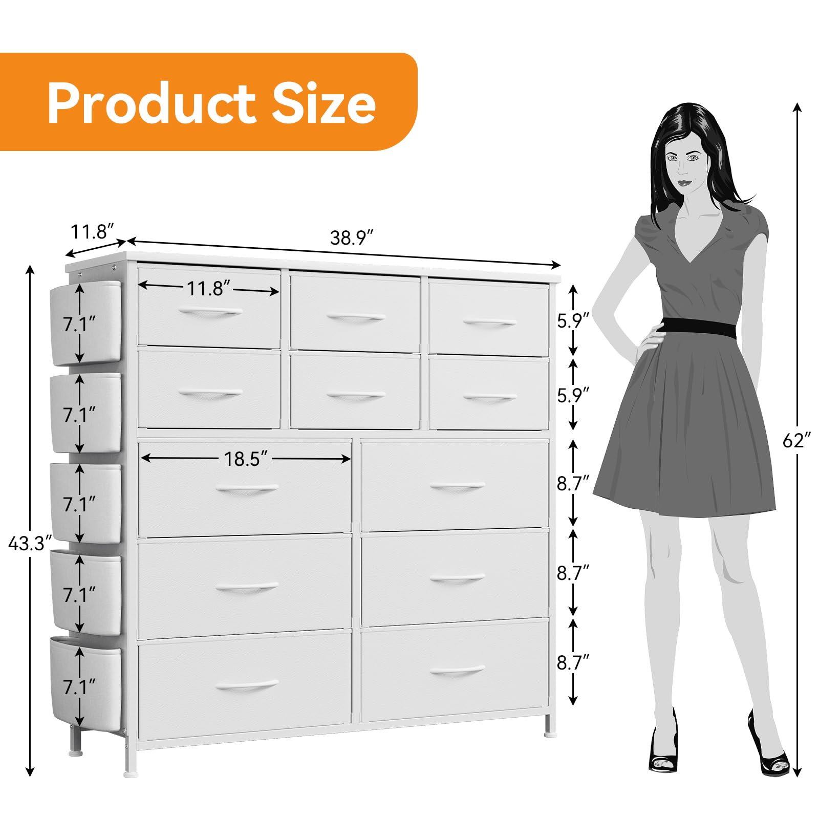 Cassettiera in tessuto Garvee bianca a 12 cassetti con tasche laterali per camera da letto e soggiorno, robusta, leggera, versatile