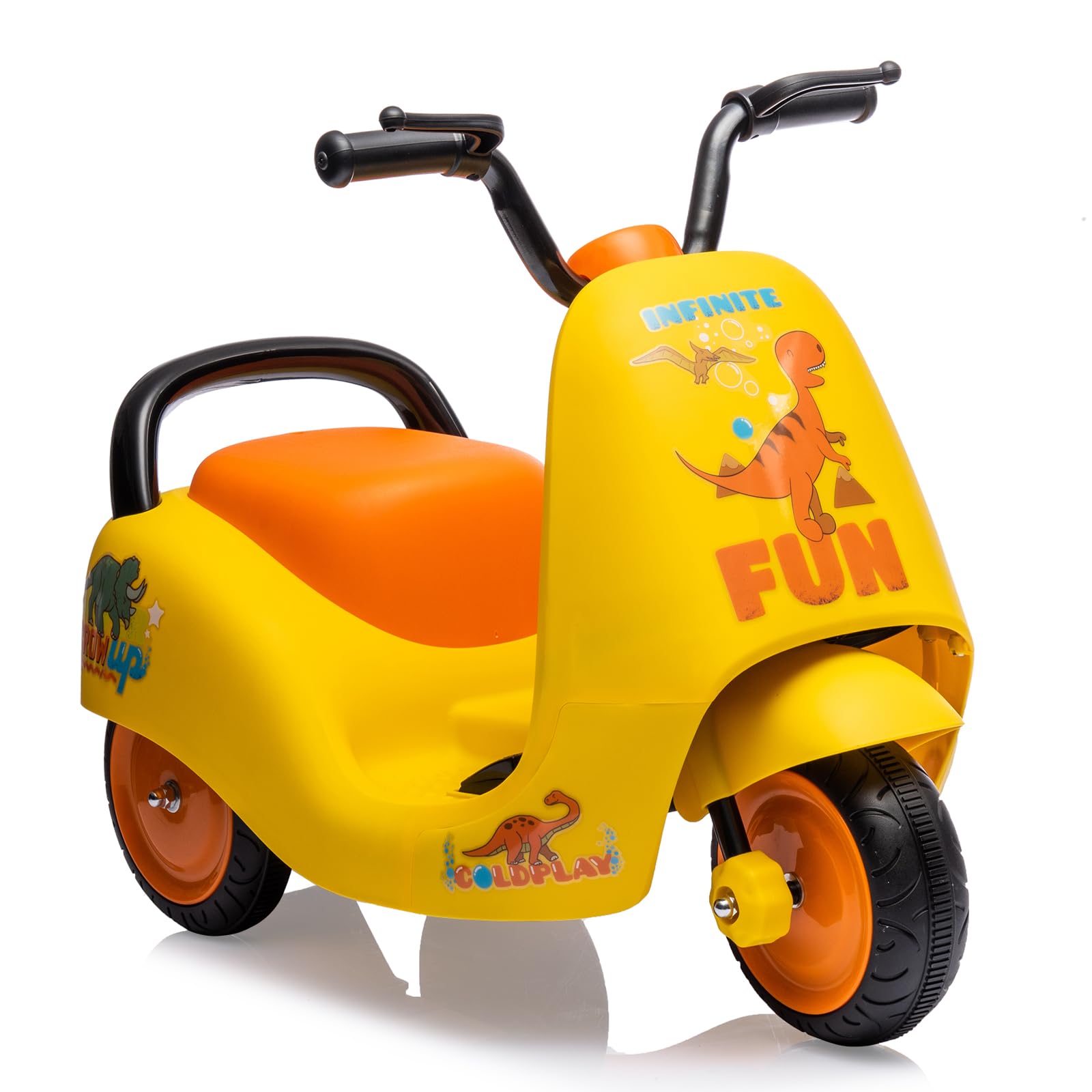 Moto elettrica per bambini Garvee 6V gialla con musica e 3 ruote per una guida sicura a partire dai 3 anni, sia in casa che all'aperto.