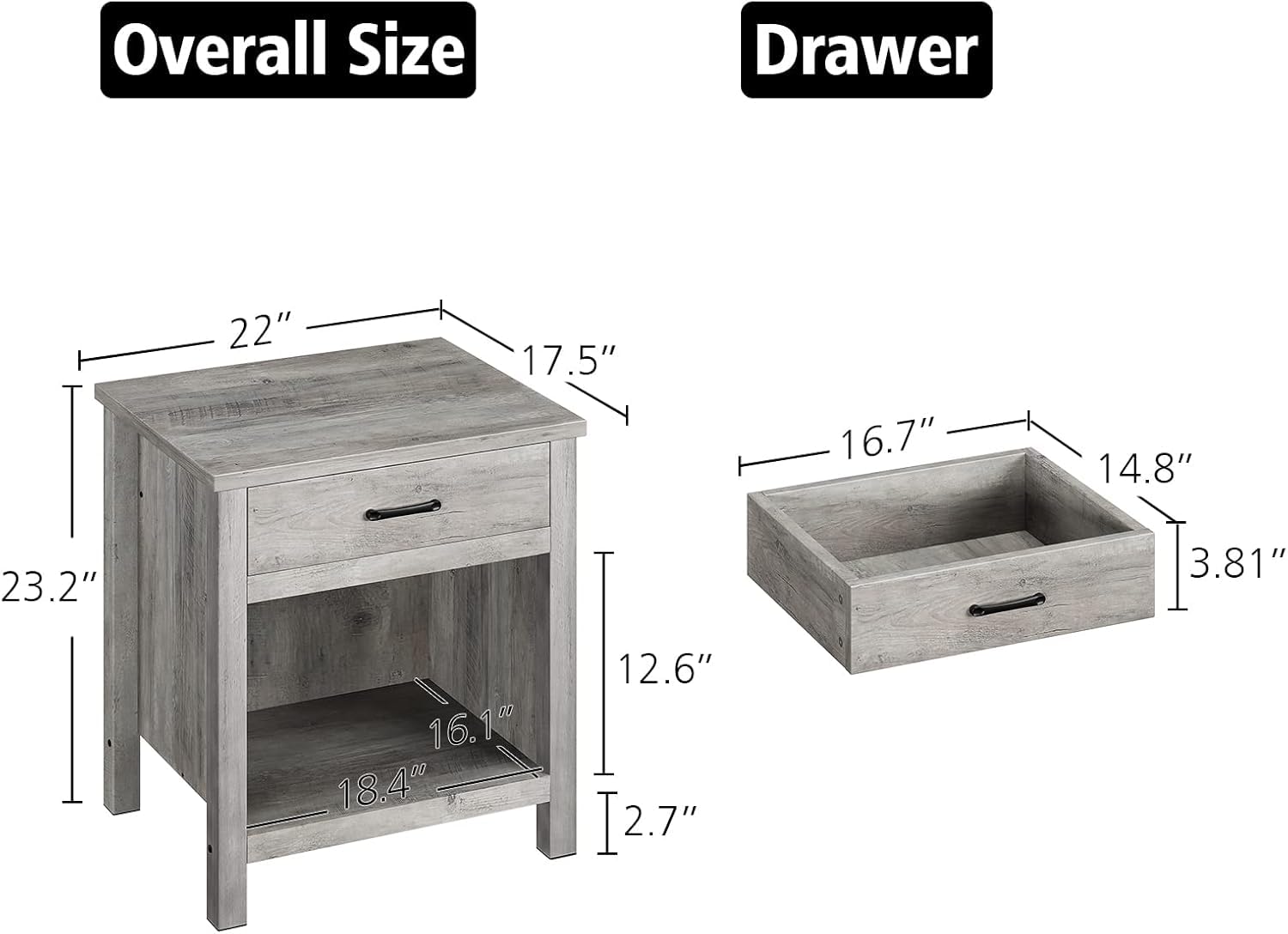 Comodino quadrato Garvee con contenitore, grigio legno, per camera da letto e soggiorno, funzionalità moderna