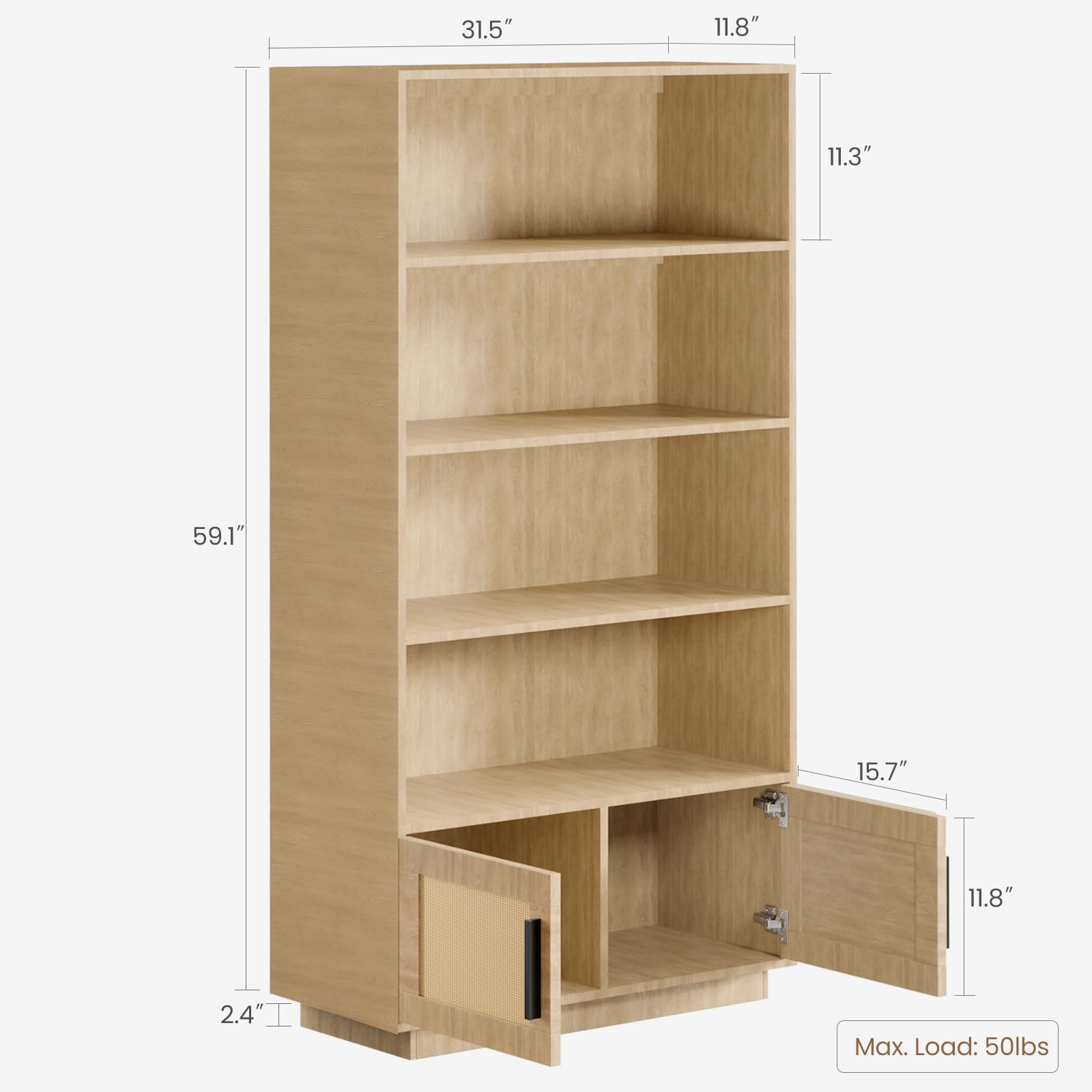 Libreria Garvee Boho con ante in rattan, 5 ripiani, MDF robusto, soggiorno/ufficio, 31,5"L x 63"A, colore naturale