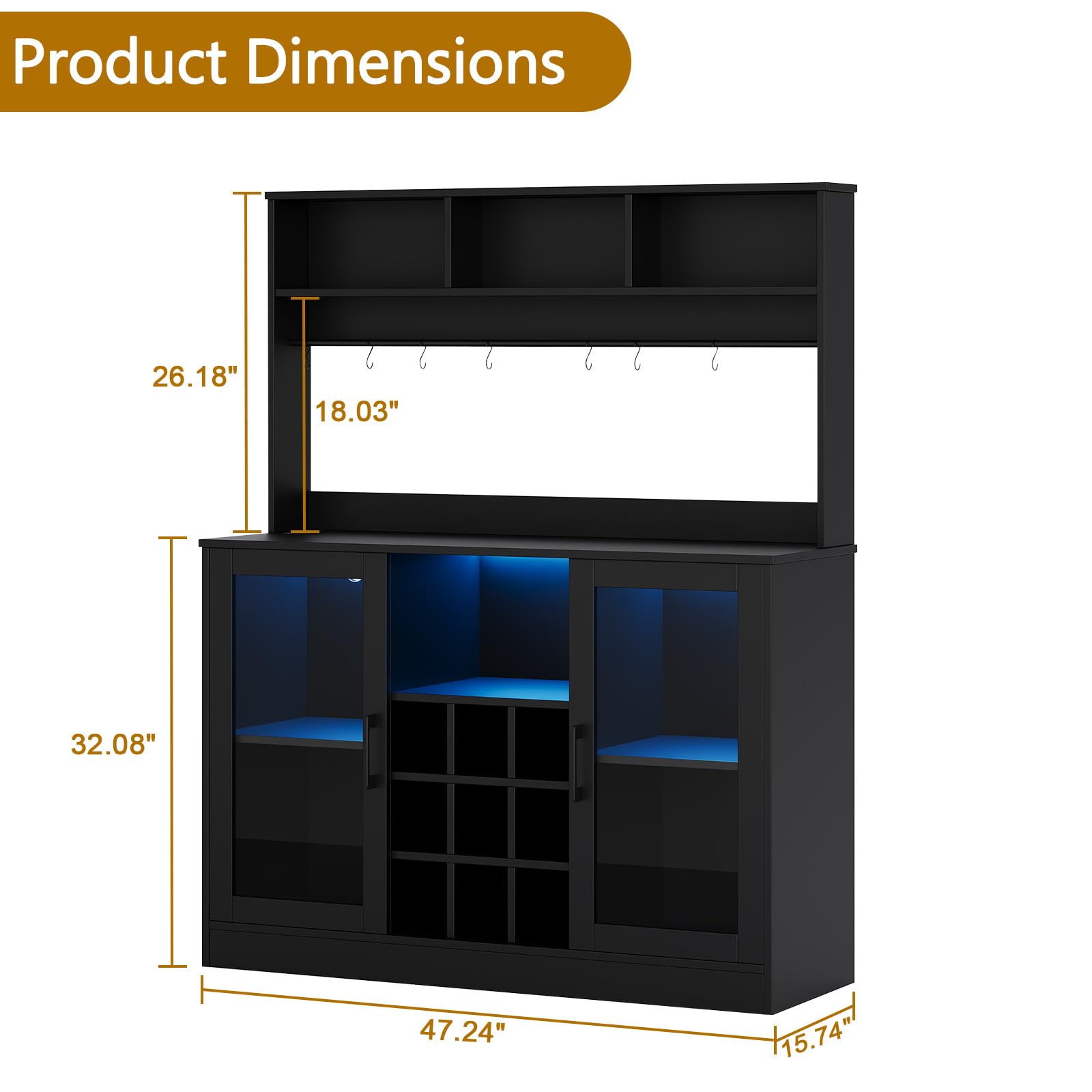Mobile bar per vino Garvee con luce LED e presa, 9 portabottiglie e 6 ganci, in truciolato, per cucina e soggiorno, ripiano regolabile, design moderno