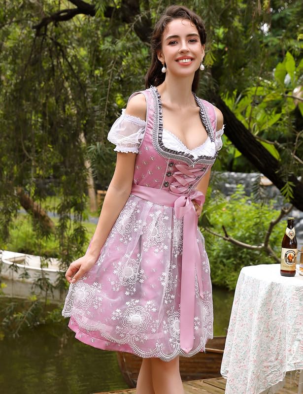 Garvee Dirndl - Abito tradizionale midi da donna, set da 3 pezzi con grembiule e camicetta per l'Oktoberfest, rosa vintage, taglia 40