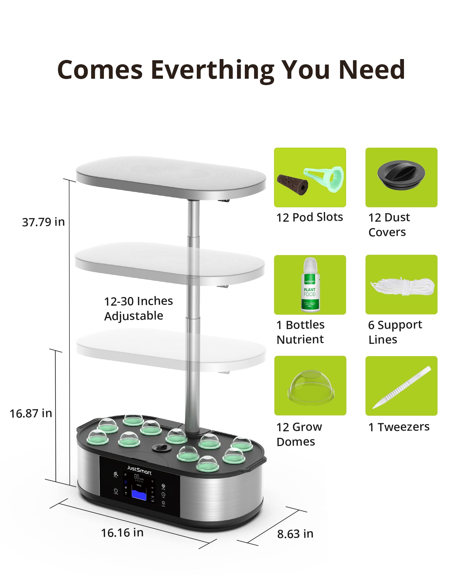 GARVEE Sistemi di coltivazione idroponica Smart WiFi Garden 12 baccelli Lampada LED per piante 30W Giardino per erbe aromatiche da interno Altezza regolabile 76 cm