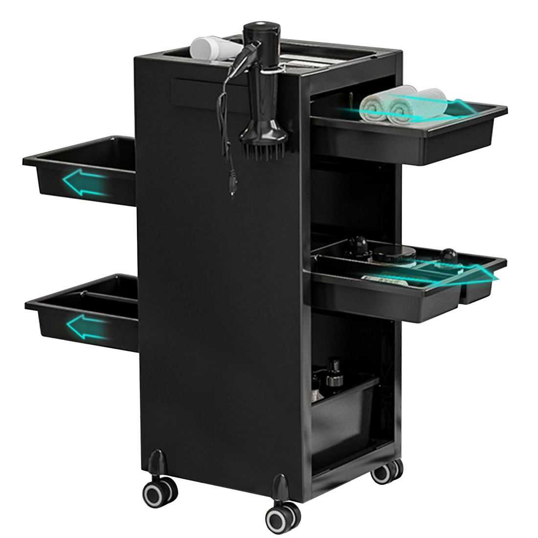 Carrello per salone con 6 cassetti – Carrello con ruote e porta asciugacapelli per salone e studio, nero