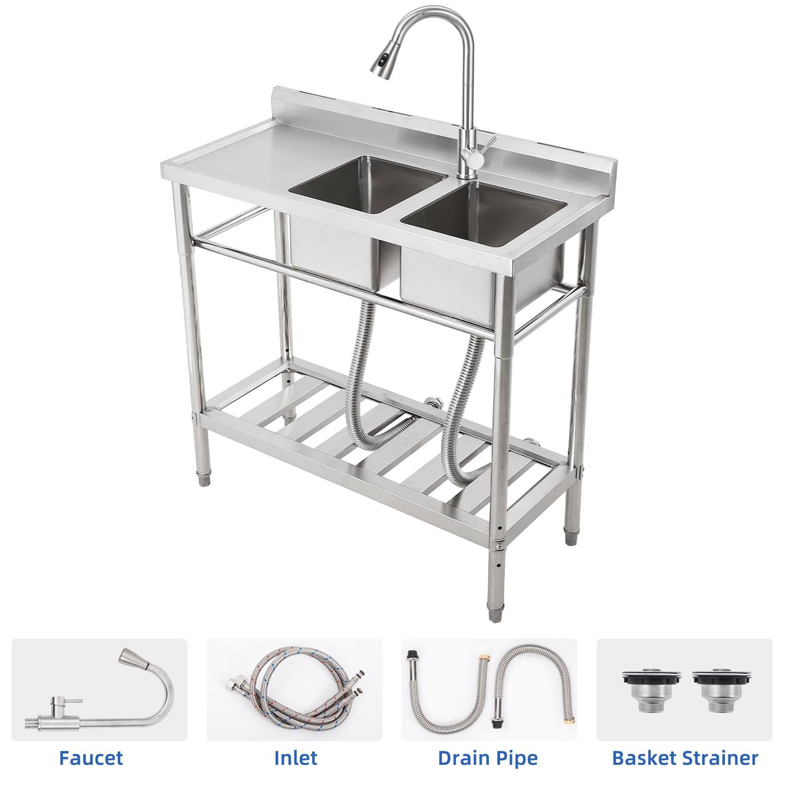 Lavello Commerciale Indipendente Garvee Fatturabile, 2 Vasche + Scolapiatti, Acciaio Inox, Rubinetto Girevole 360°, 105.6 x 51.0 x 37.0 cm , Argento per Ristoranti e Garage