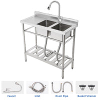 Lavello Commerciale Indipendente Garvee Fatturabile, 2 Vasche + Scolapiatti, Acciaio Inox, Rubinetto Girevole 360°, 105.6 x 51.0 x 37.0 cm , Argento per Ristoranti e Garage