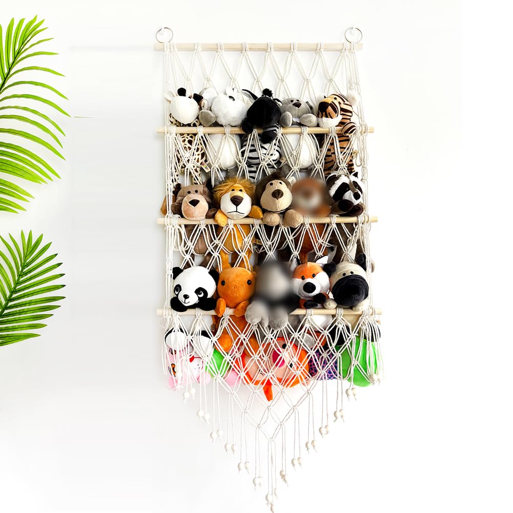 GARVEE Amaca portaoggetti per animali di peluche, corda di cotone, ampio spazio di archiviazione, regolabile, cameretta dei bambini e sala giochi, 78-118 cm, bianco