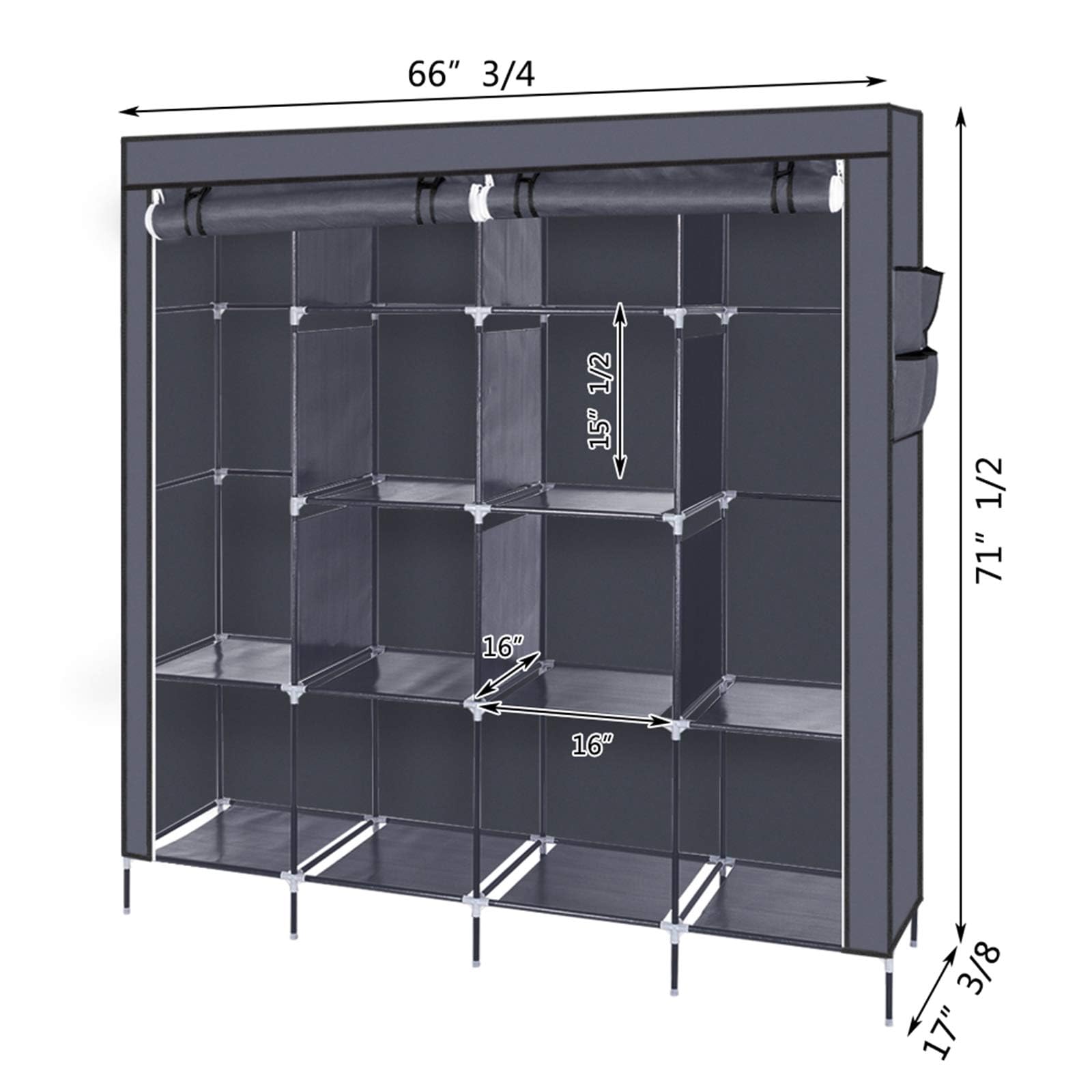 Armadio portatile Garvee con tessuto non tessuto e strati impermeabili per camera da letto, 66x17x66 pollici, grigio