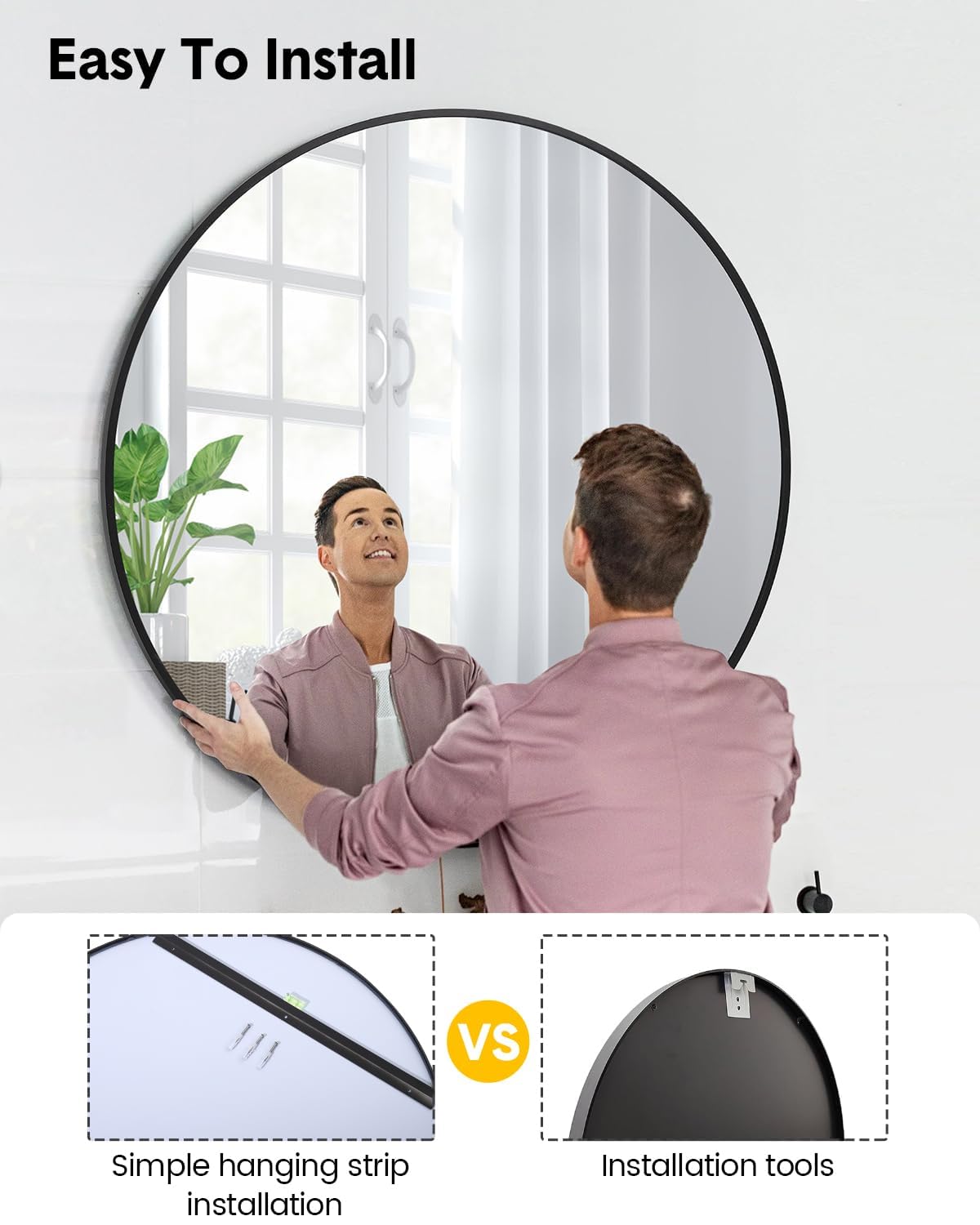 Specchio da parete rotondo Garvee da 24 pollici con cornice in metallo nero moderno per soggiorno, bagno e corridoio