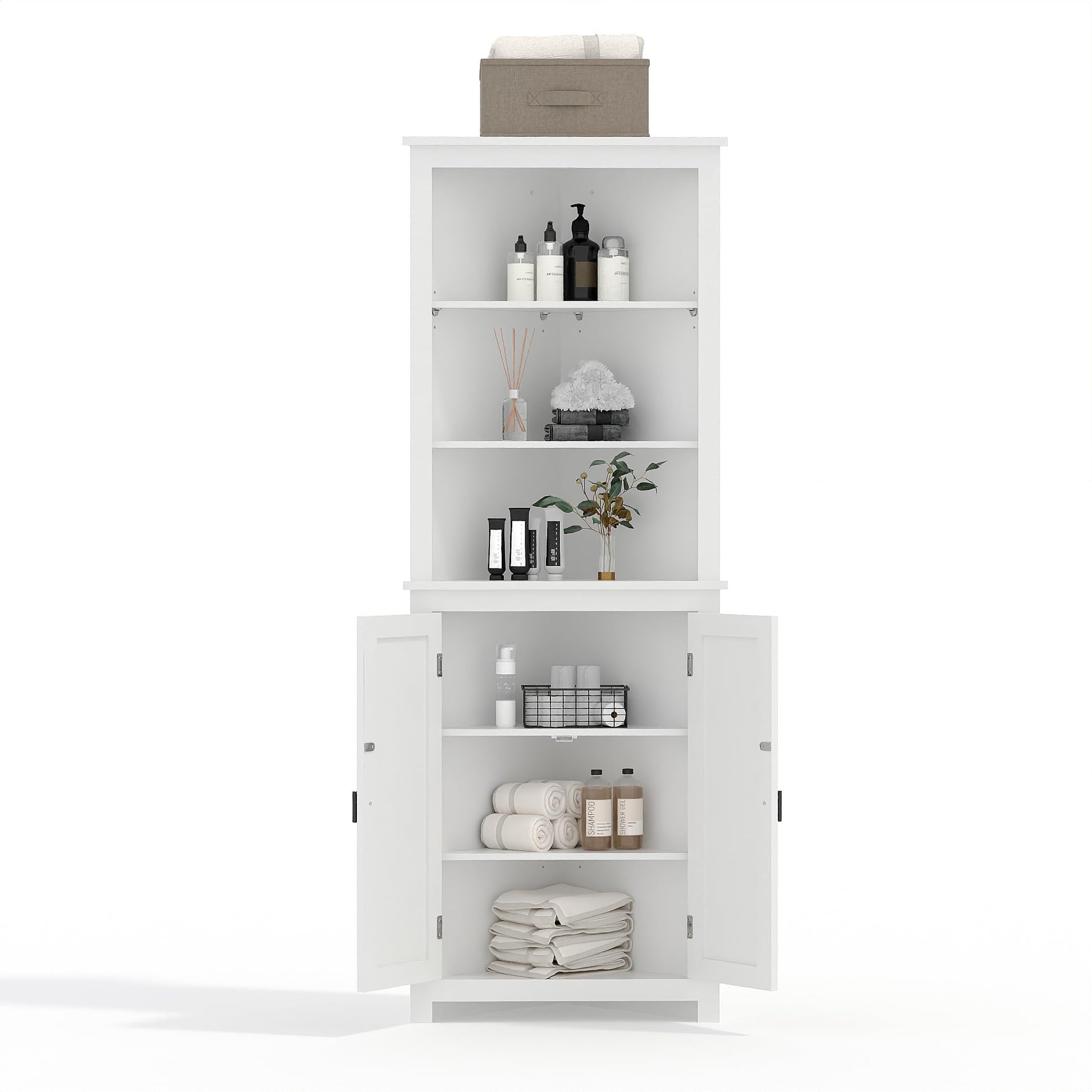 Mobiletto angolare Garvee Farmhouse da 64" di altezza con 6 ripiani e 2 ante a battente, ripiano regolabile, bianco, per soggiorno e bagno, legno, resistente all'umidità, antiribaltamento