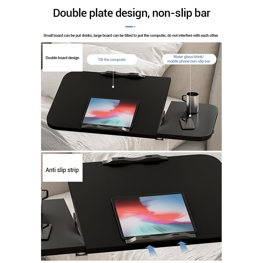 Tavolo da assistenza Garvee con ruote, tavolo da letto regolabile in altezza, piano inclinabile, protezione dei bordi per letto d'ospedale, letto per allattamento, tavolo per laptop, nero, 60-95 cm