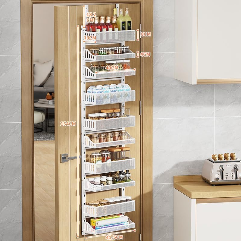 Porta spezie Garvee da appendere alla porta, portaoggetti da appendere alla porta a 10 ripiani, portaoggetti in metallo da appendere alla porta con ganci, organizer da appendere per cucina, dispensa, soggiorno, 41,5 x 13 x 154 cm, bianco