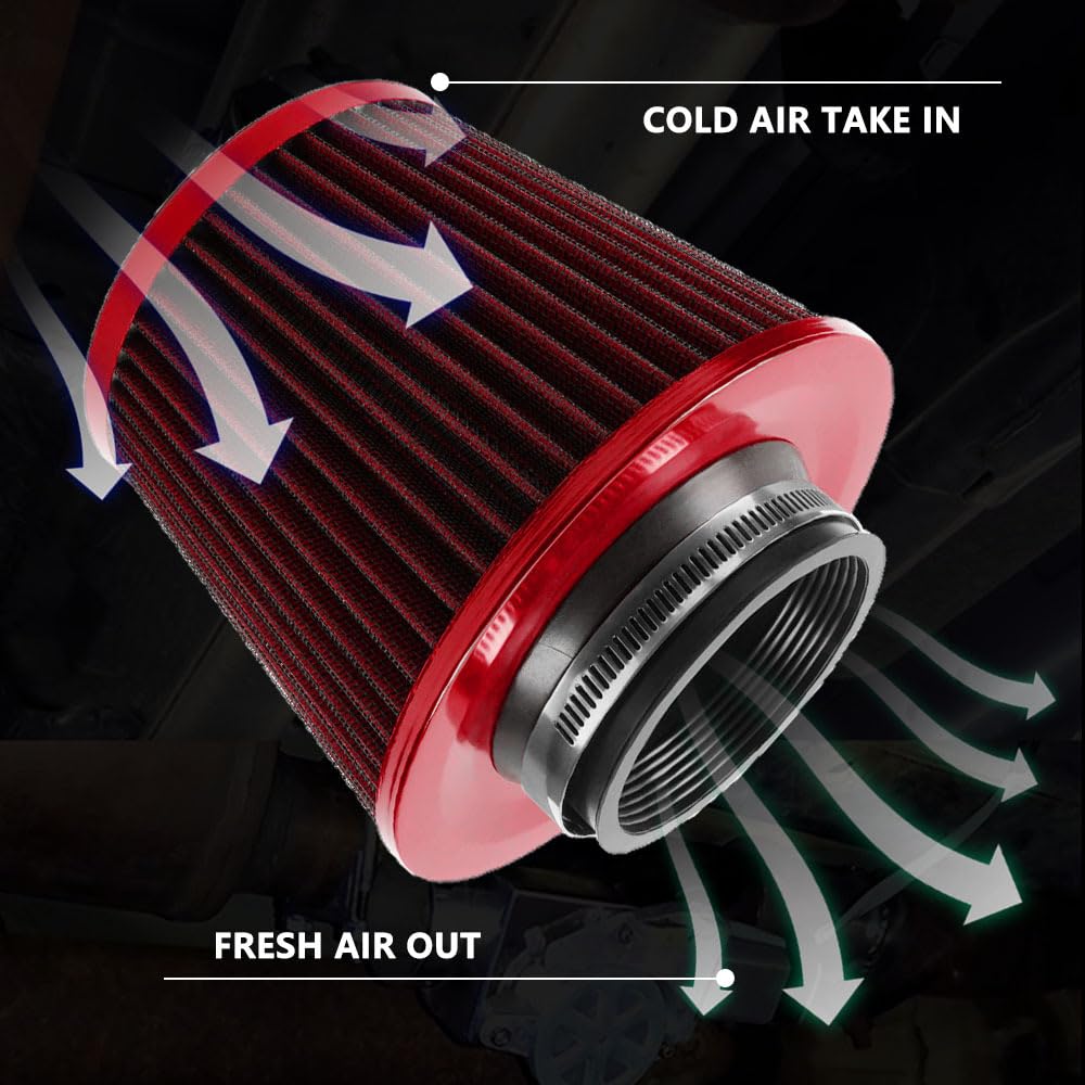 Garvee Filtro Aria Auto 76mm, Alto Flusso, Lega Alluminio, Vliesstoff, Montaggio Facile, Universale, Tuning Auto Sportiva