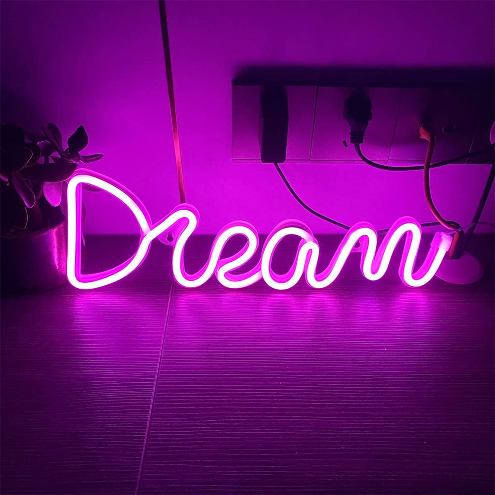 GARVEE Dream Neon Sign LED USB-powered Luce notturna rosa Decorazione da parete per camera da letto, bar, matrimonio 39x13,5 cm
