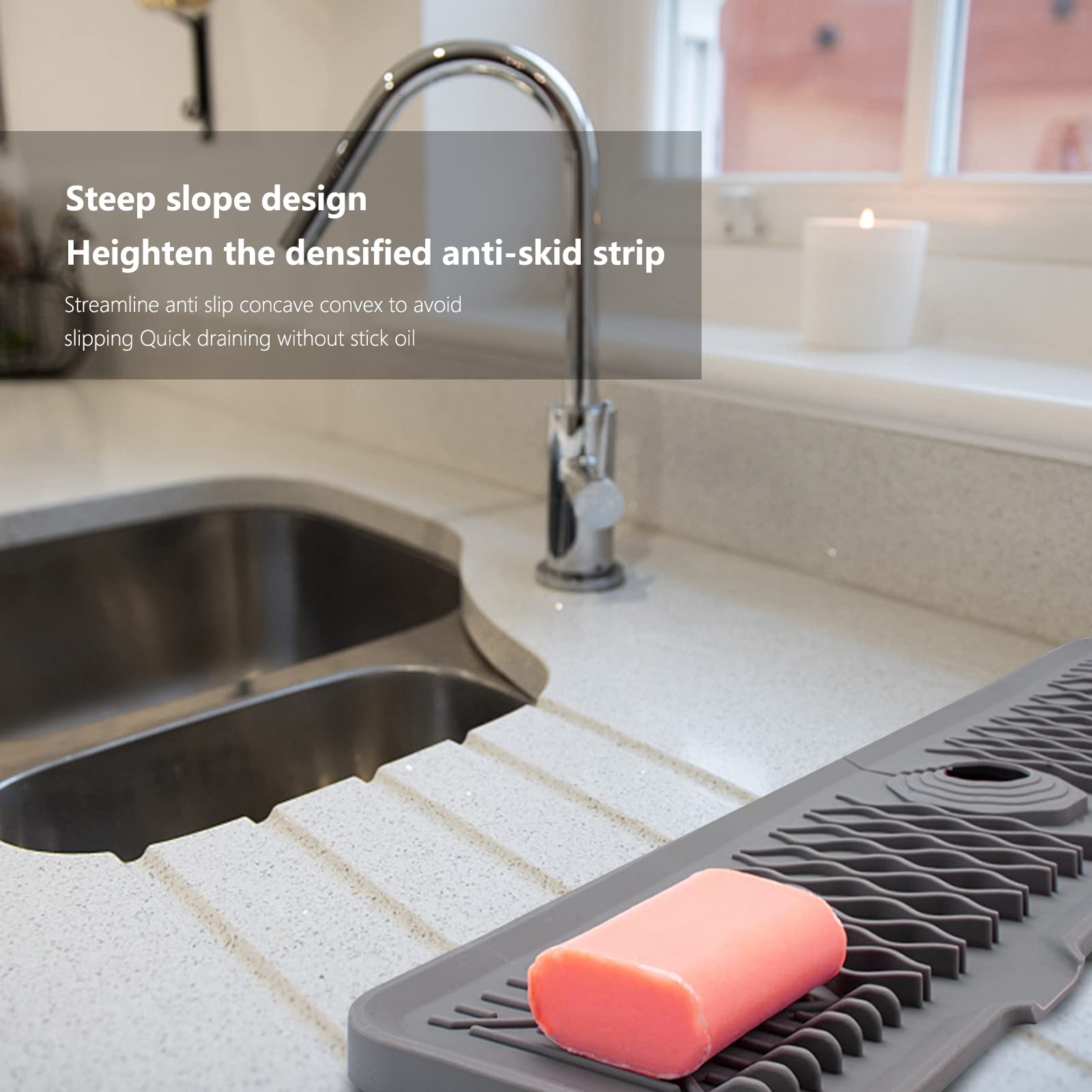 Tappetino raccogli gocce in silicone per rubinetto Garvee 61 x 14 x 0,5 cm, nero, per cucina, bagno, lavello, dispenser di sapone