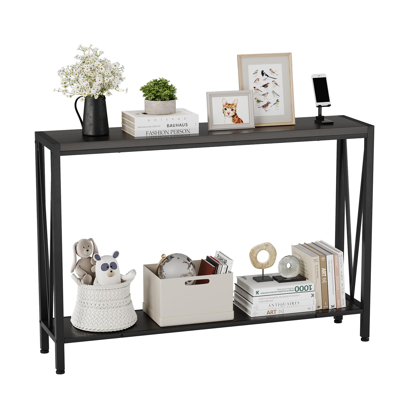 Tavolo consolle stretto a 2 ripiani Garvee per divano, ingresso, corridoio, soggiorno, 42.9x9.8x29.9 pollici, nero, salvaspazio, robusto