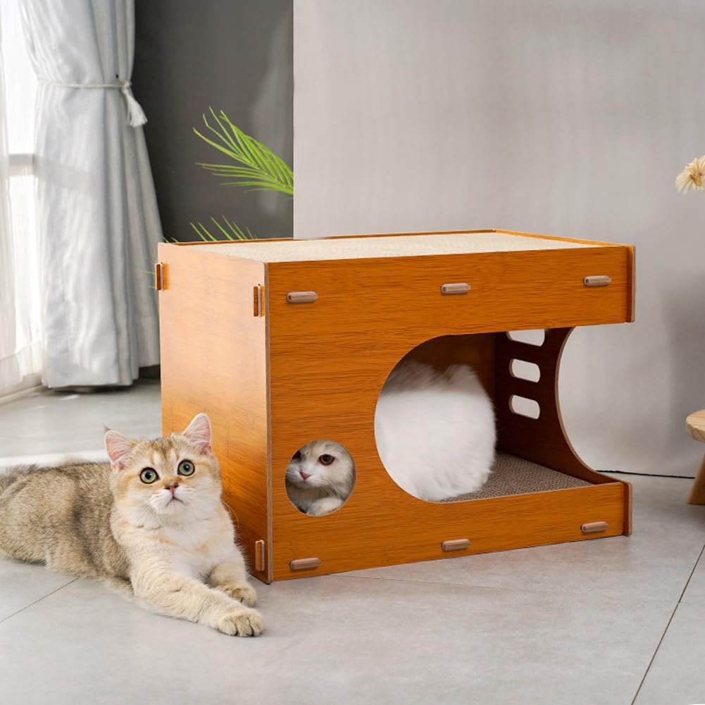 Tiragraffi Garvee 2 in 1 con cartone ondulato rimovibile, cuccia per gatti di piccola e media taglia, 46 cm in legno e cartone, marrone