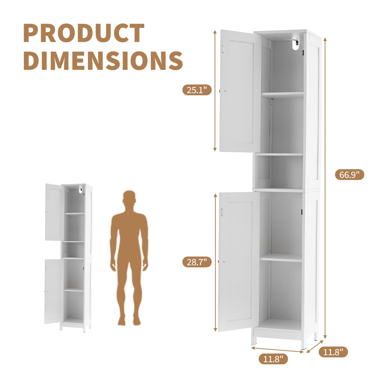 Mobiletto da bagno alto Garvee da 170.18 cm con 2 ante a battente, 1 cassetto per bagno e cucina, legno, stretto, robusto, versatile, acrilico trasparente, bianco