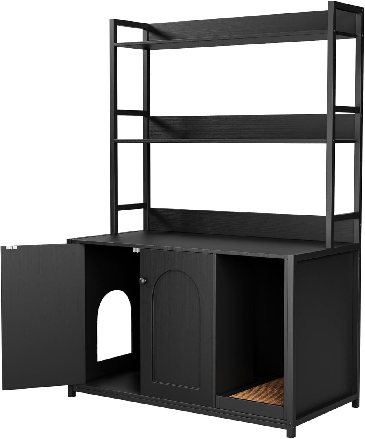 Garvee - Lettiera per gatti con 2 ante, 2 ripiani, tiragraffi per uso interno, nera, MDF e acciaio, area nascosta per gatti, libreria
