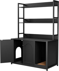 Garvee - Lettiera per gatti con 2 ante, 2 ripiani, tiragraffi per uso interno, nera, MDF e acciaio, area nascosta per gatti, libreria
