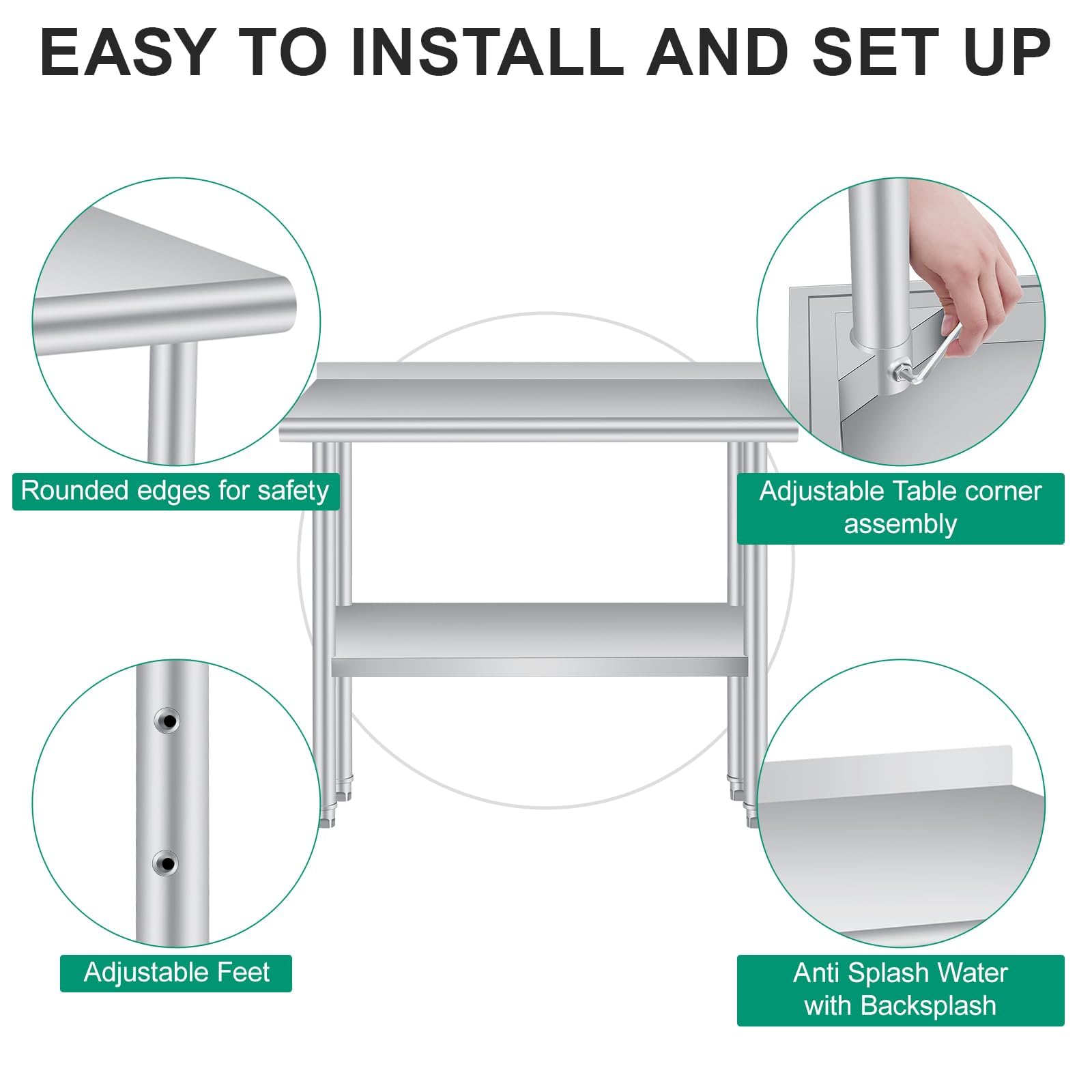 Tavolo da lavoro in acciaio inox Garvee 48x24" con pannello posteriore, base regolabile per ristoranti e casa, spessore 0,8 mm, robusto, antiscivolo