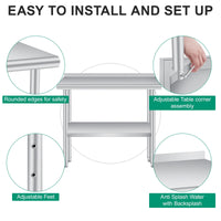 Tavolo da lavoro in acciaio inox Garvee 48x24" con pannello posteriore, base regolabile per ristoranti e casa, spessore 0,8 mm, robusto, antiscivolo