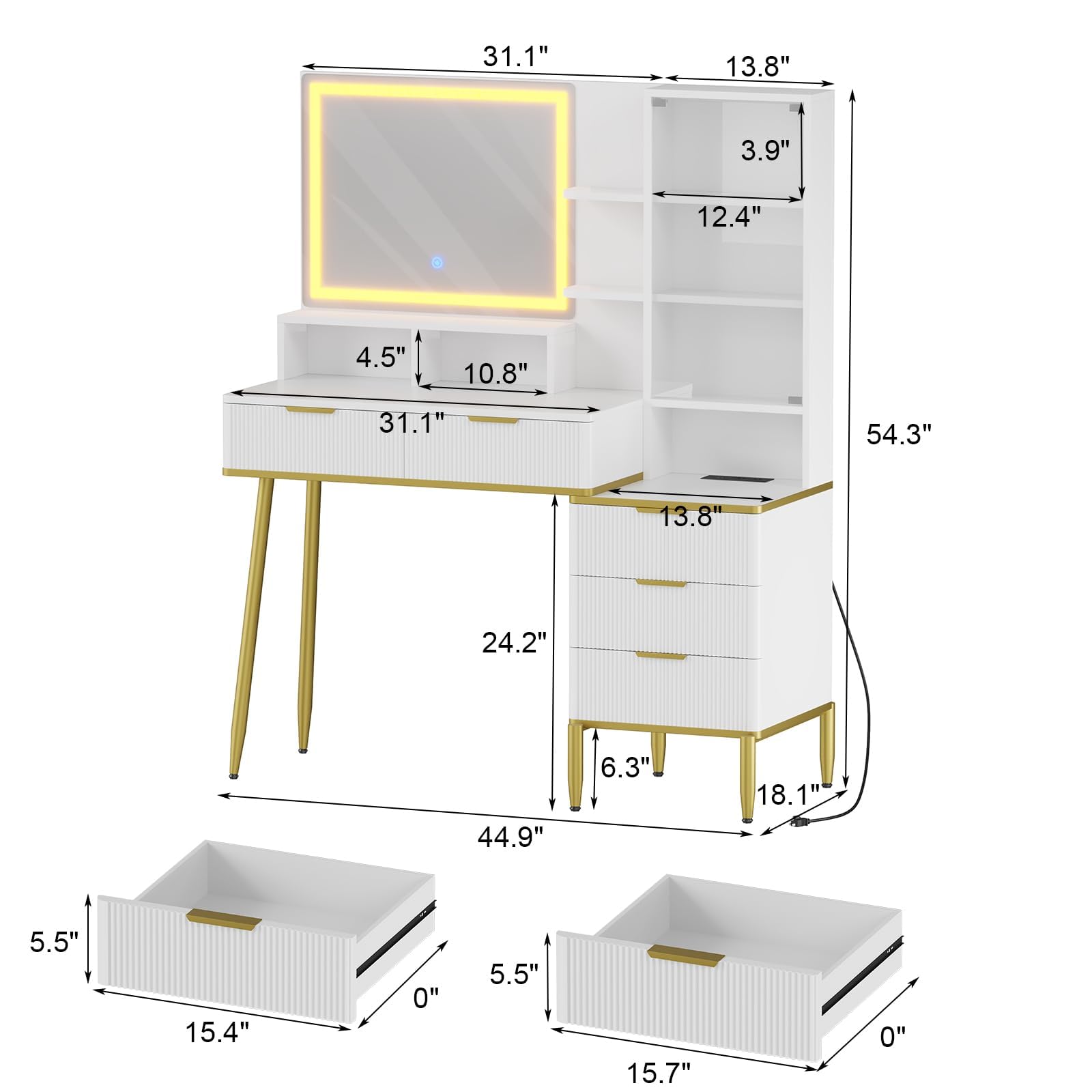 Scrivania da toeletta Garvee Fluted con specchio e luce LED a 3 colori, 5 cassetti e ripiani, bianco e oro, tavolo da toeletta per camera da letto, 45 pollici